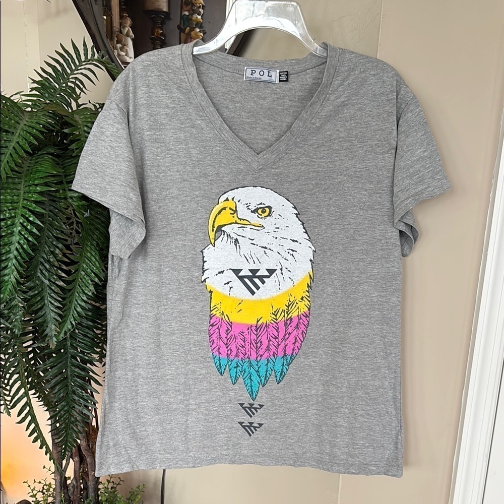 NWOT POL Gray V-Neck Short Sleeved T-Shirt Colorful Eagle Aztec Graphic Cotton